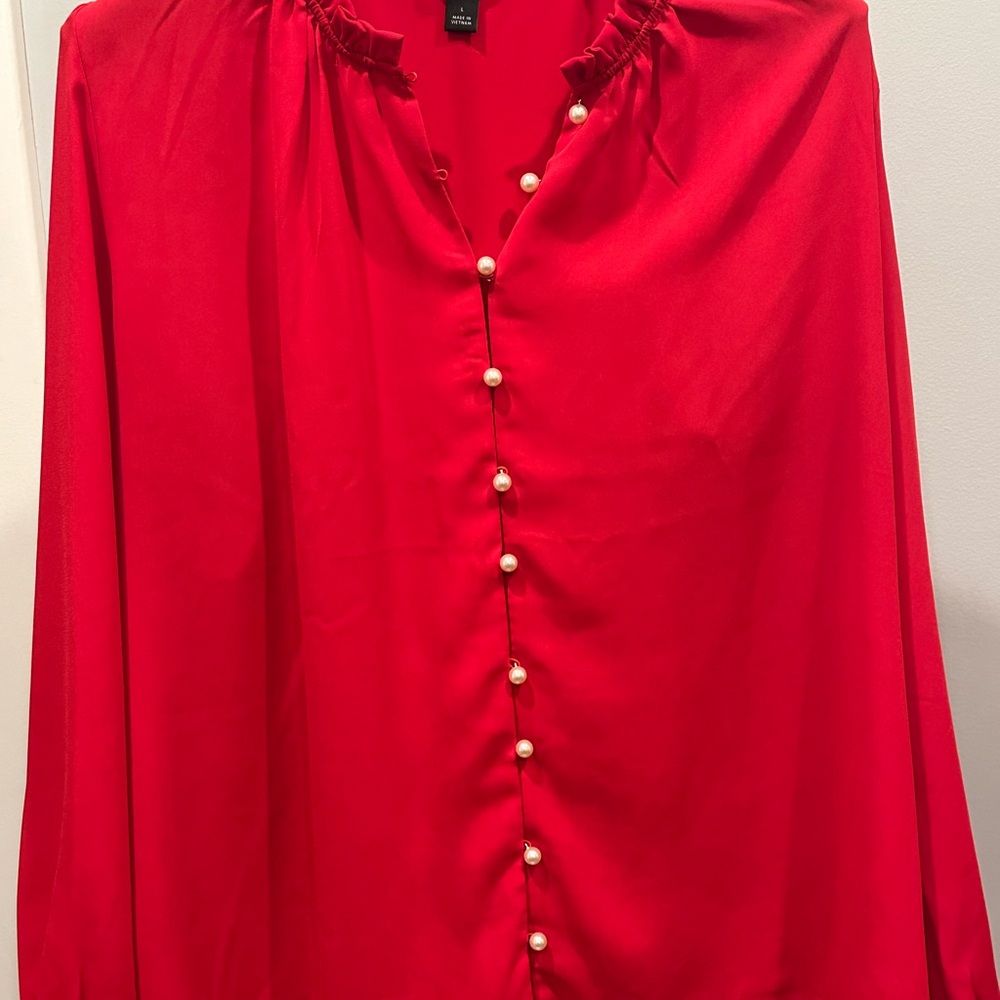 Ann Taylor Vibrant Red Blouse with Pearl Accents